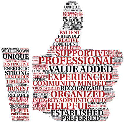 thumb icon with various words including professional, experienced, and supportive