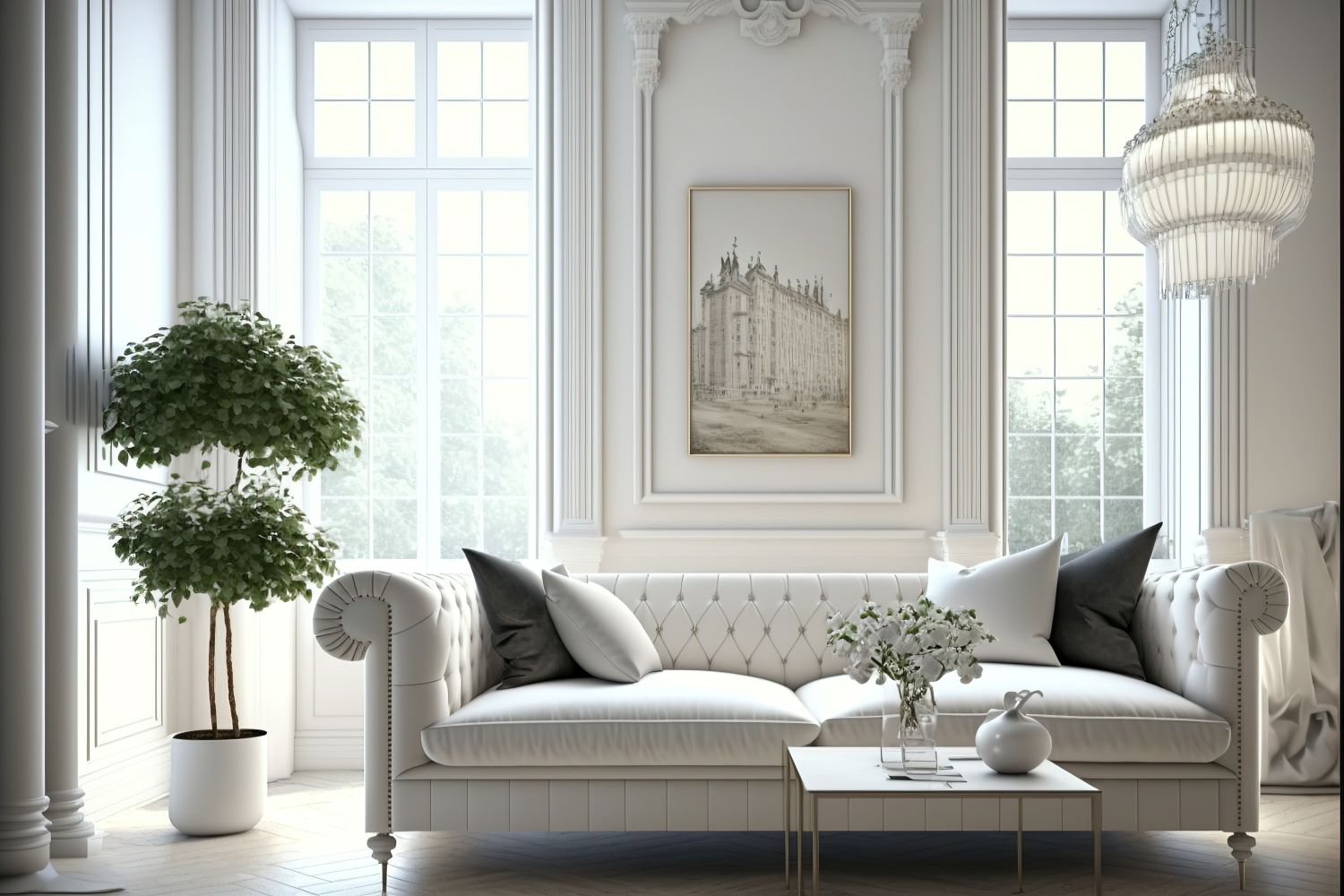 large white living room in historic home
