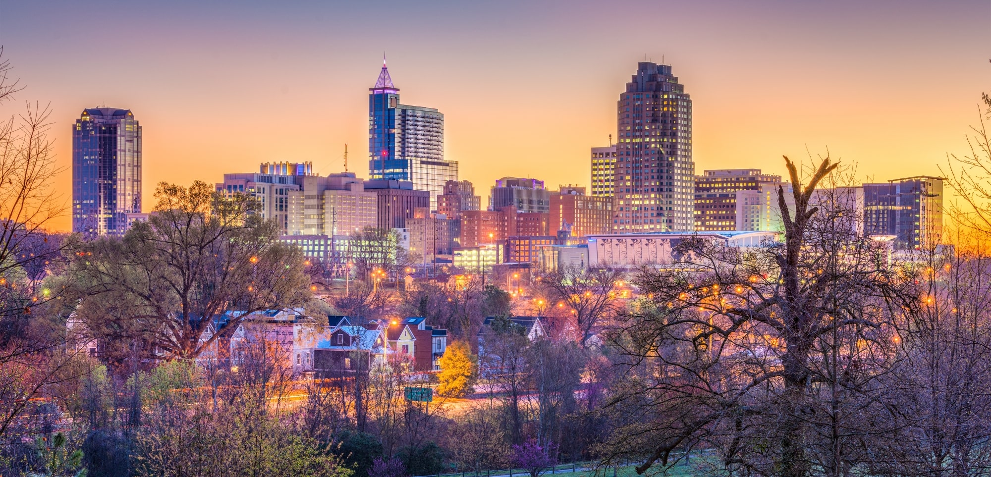 Raleigh skyline at sunset